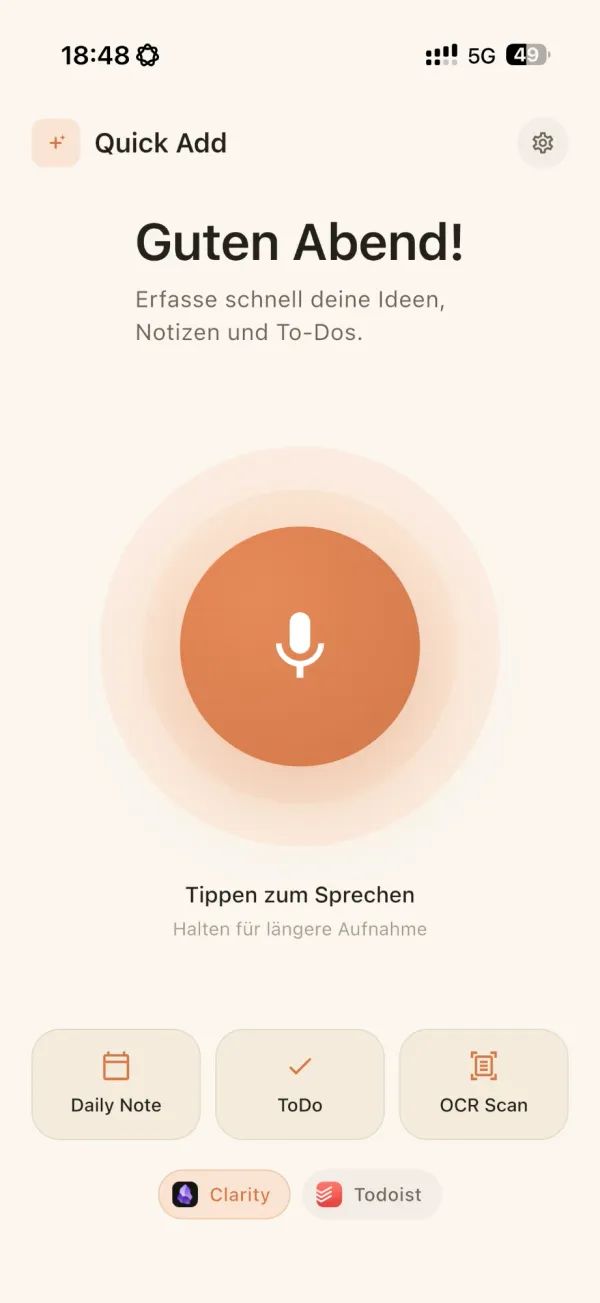 Quick Add App – Screenshot der Voice-first-Erfassung